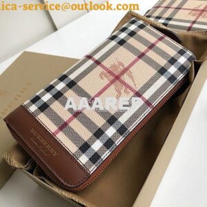 Replica Burberry Leather Trim Haymarket Zip Around Wallet 887038 Brown