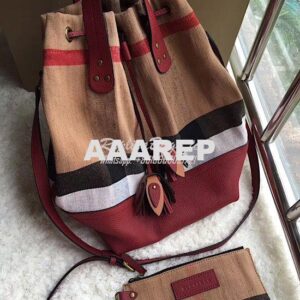 Replica Burberry Medium Canvas Check and Leather Bucket Bag in wine re 2