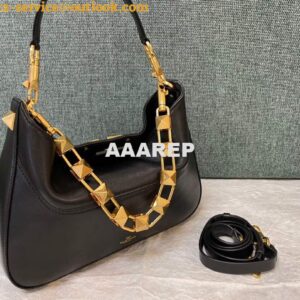 Replica Valentino V0570 Stud Sign Grainy Calfskin Hobo Bag Black 2