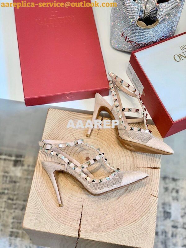 Replica Valentino Rockstud Lace Ankle Strap Pump 85mm Nude 5