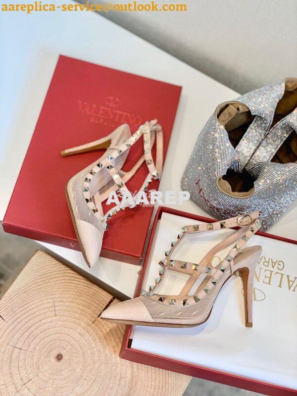 Replica Valentino Rockstud Lace Ankle Strap Pump 85mm Nude 7