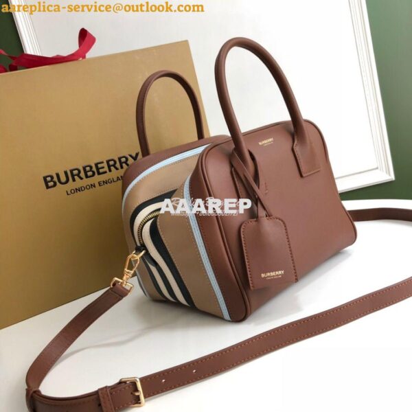 Replica Burberry Small Stripe Intarsia Leather Cube Bag Brown 5