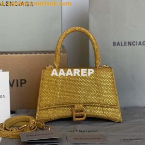 Replica Balenciaga 59283328 Hourglass Top Handle in Yellow Suede Calfskin with Rhinestones