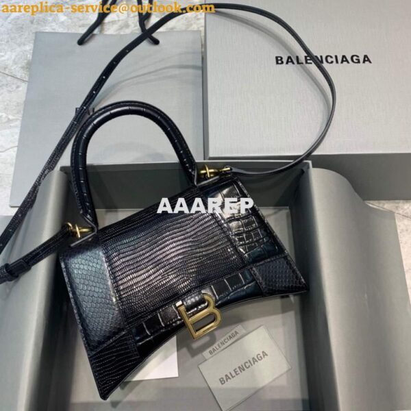 Replica Balenciaga 593546 Hourglass Small Top Handle Crocodile Bag Black Gold 3