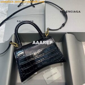 Replica Balenciaga 593546 Hourglass Small Top Handle Crocodile Bag Black Gold 2