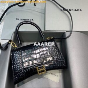 Replica Balenciaga 593546 Hourglass Small Top Handle Crocodile Bag Black Gold