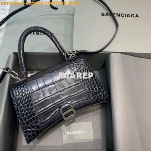 Replica Balenciaga 593546 Hourglass Small Top Handle Crocodile Bag Black Silver