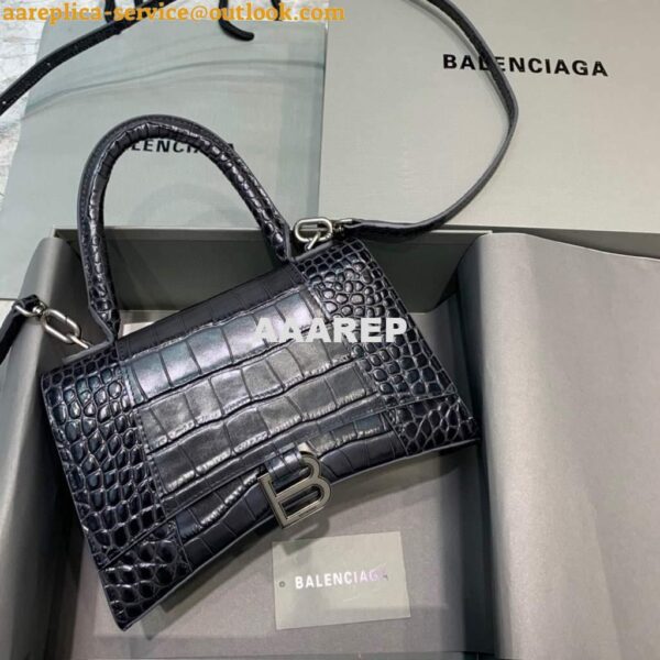 Replica Balenciaga 593546 Hourglass Small Top Handle Crocodile Bag Black Silver 3