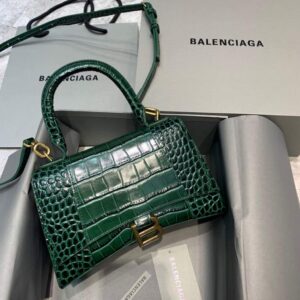 Replica Balenciaga 593546 Hourglass Small Top Handle Crocodile Bag Dark Green Gold