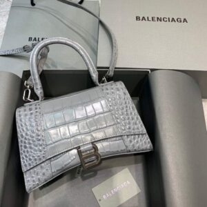 Replica Balenciaga 593546 Hourglass Small Top Handle Crocodile Bag Gray Silver