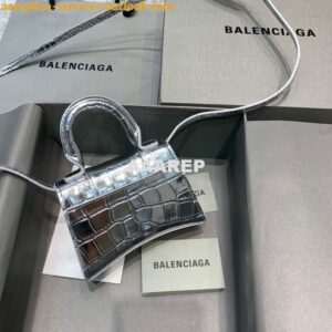 Replica Balenciaga 664676 Hourglass Mini Top Handle Crocodile Bag Silver 2