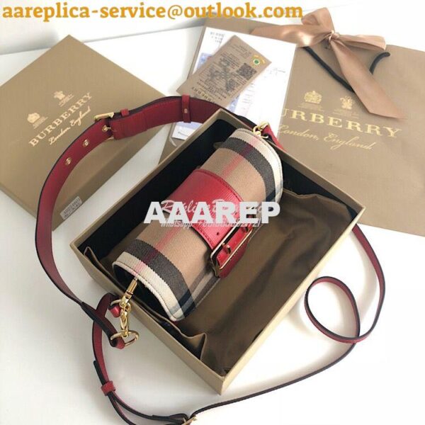 Replica Burberry The Small Buckle Bag in House Check and Red Leather 5