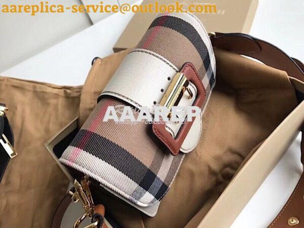 Replica Burberry The Small Buckle Bag in House Check and White Leather 3