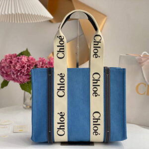 Replica Chloe 6690 Medium Woody Tote Bag in Cotton Canvas Blue