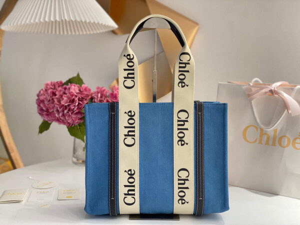 Replica Chloe 6690 Medium Woody Tote Bag in Cotton Canvas Blue 3