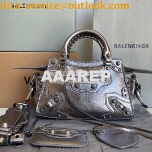 Replica Balenciaga Neo Cagole XS Handbag in Metallic Silver Arena Lamb