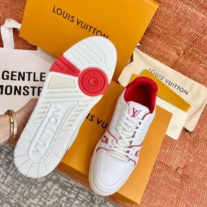 Replica Louis Vuitton White/Red LV Trainer Sneakers with #54 2