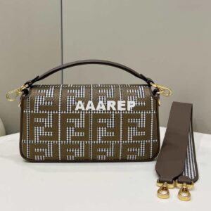 Replica Fendi 8BR600 Baguette Brown houndstooth wool bag with FF embroidery