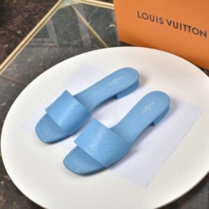 Replica Louis Vuitton Revival Flat Mules In Blue Monogram Lambskin 2