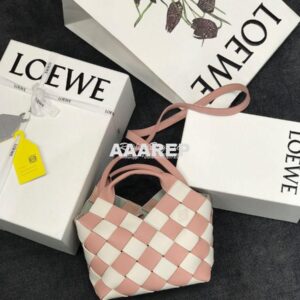 Replica Loewe Mini Woven Basket Bag 66082 White/Pink 2