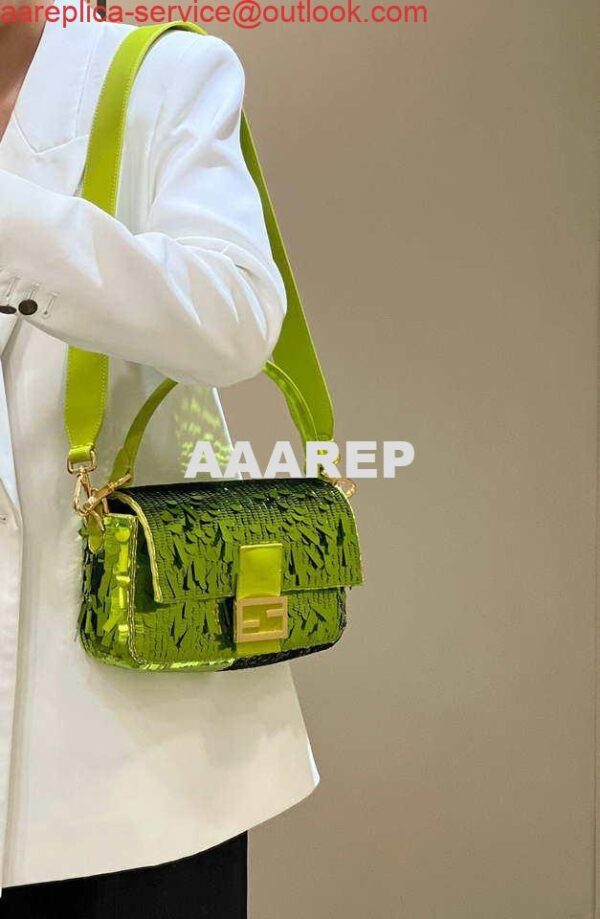 Replica Fendi 8BR600 Medium Baguette Acid green sequin and leather bag 8601