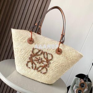 Replica Loewe Anagram Basket bag in Iraca Palm and Calfskin A223T43 2