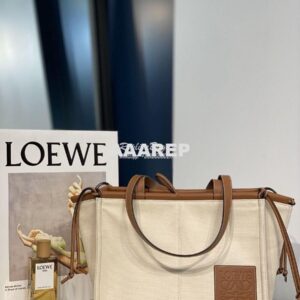 Replica Loewe Cushion Leather-Trimmed Canvas Tote Bag 66025 Beige