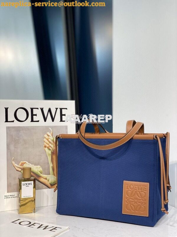 Replica Loewe Cushion Leather-Trimmed Canvas Tote Bag 66025 Blue 5