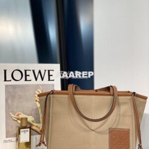 Replica Loewe Cushion Leather-Trimmed Canvas Tote Bag 66025 Taupe