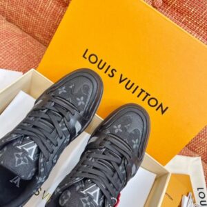 Replica Louis Vuitton LV Trainer Sneakers In Black Denim Leather 2