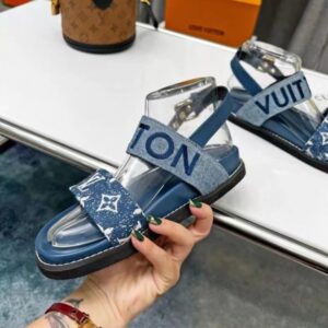 Replica Louis Vuitton Paseo Flat Comfort Sandals In Blue Denim 2