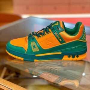 Replica Louis Vuitton LV Trainer Sneakers In Orange/Green Leather 2