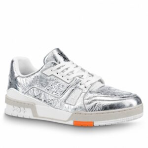 Replica Louis Vuitton LV Trainer Sneakers In Silver Metallic Leather