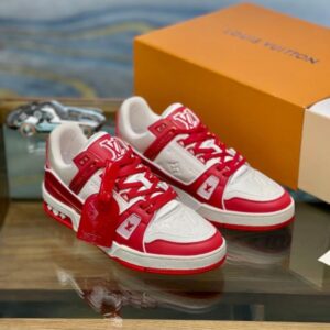 Replica Louis Vuitton LV Trainer Sneakers In White/Red Leather 2