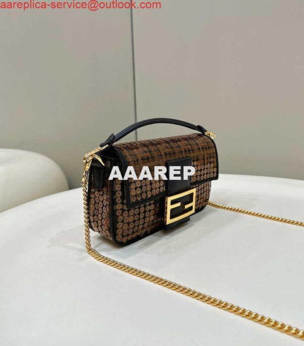 Replica Fendi 8BS017 Mini Baguette Brown FF jacquard fabric bag with sequins 2