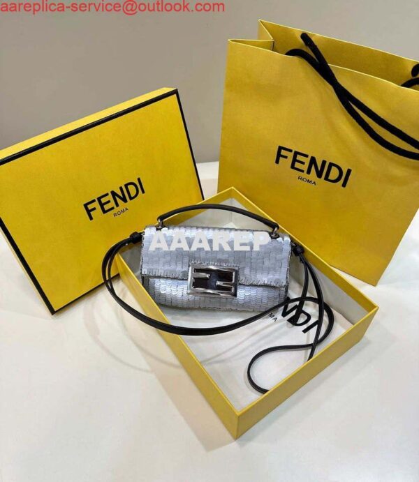 Replica Fendi 8BS017 Mini Baguette Silver sequin and leather bag 8601s 2