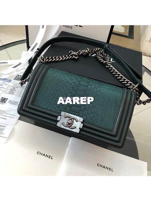 Replica Chanel Python Boy Chanel Flap Bag Ruthenium Hardware Dark Green 3