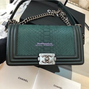 Replica Chanel Python Boy Chanel Flap Bag Ruthenium Hardware Dark Green 2