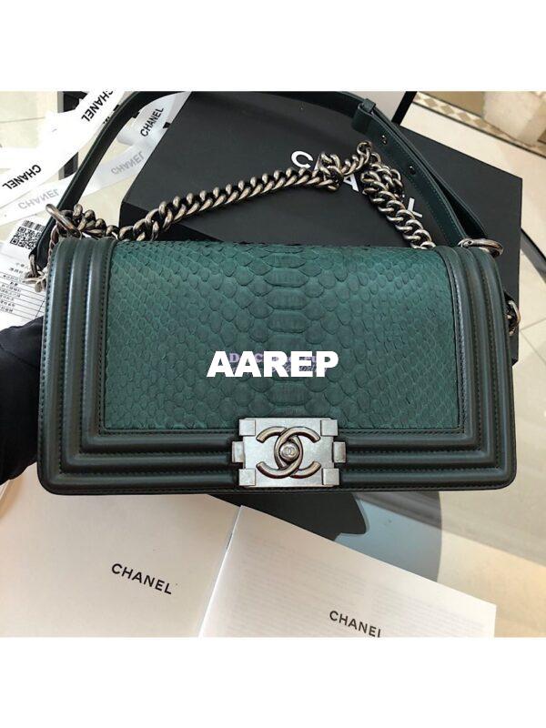 Replica Chanel Python Boy Chanel Flap Bag Ruthenium Hardware Dark Green 4