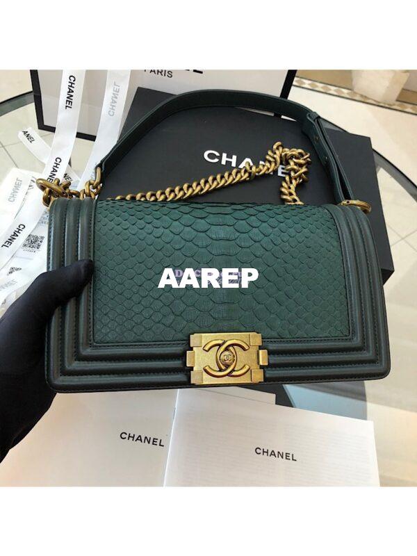 Replica Chanel Python Boy Chanel Flap Bag Ruthenium Hardware Dark Green 11