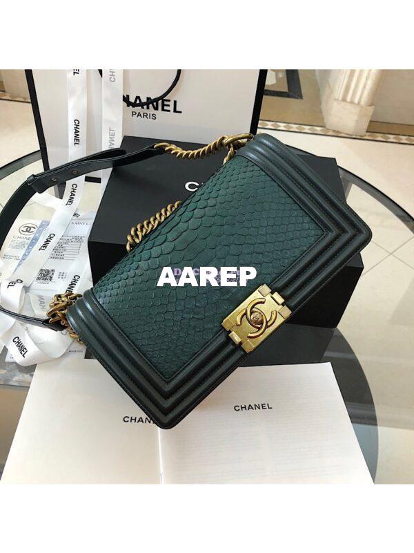 Replica Chanel Python Boy Chanel Flap Bag Ruthenium Hardware Dark Green 12