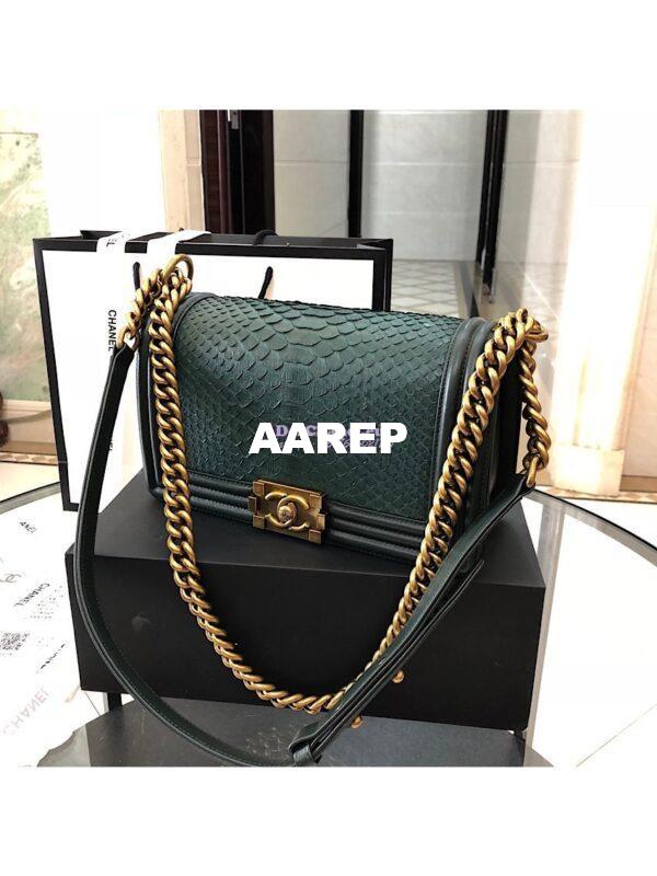 Replica Chanel Python Boy Chanel Flap Bag Ruthenium Hardware Dark Green 13