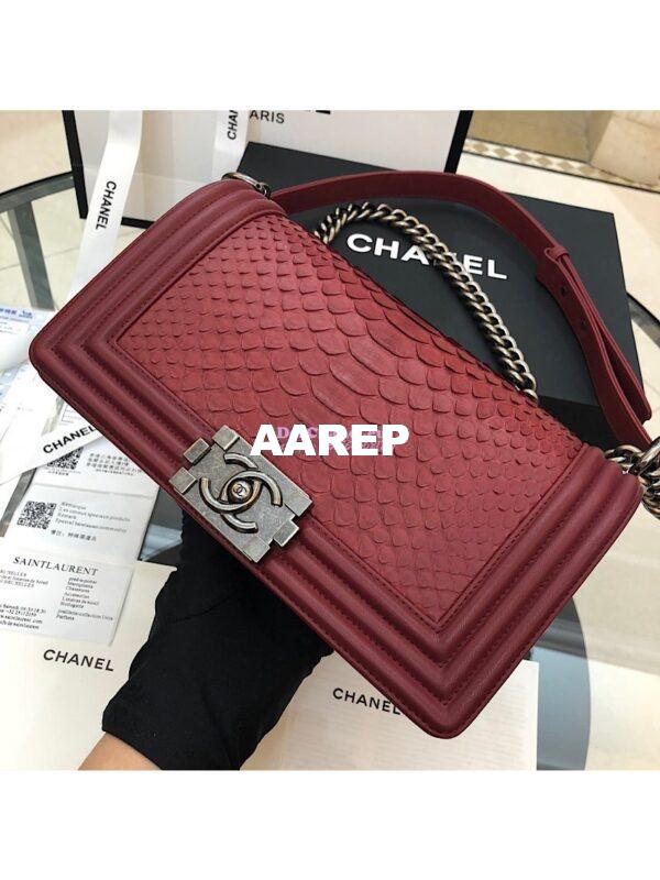 Replica Chanel Python Boy Chanel Flap Bag Ruthenium Hardware Claret Red 3