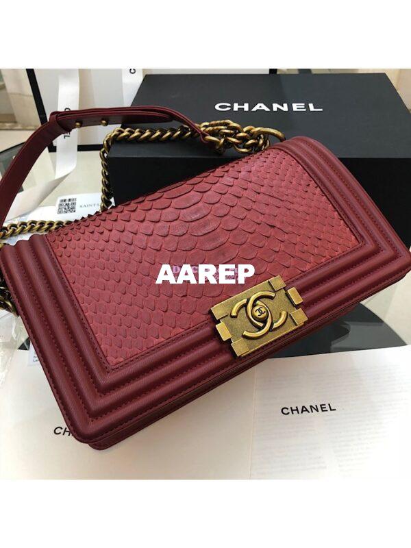 Replica Chanel Python Boy Chanel Flap Bag Ruthenium Hardware Claret Red 15