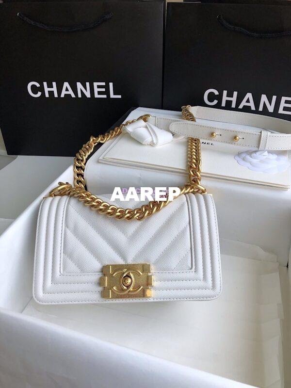 Replica Chanel Chevron Boy Flap Bag in Caviar White