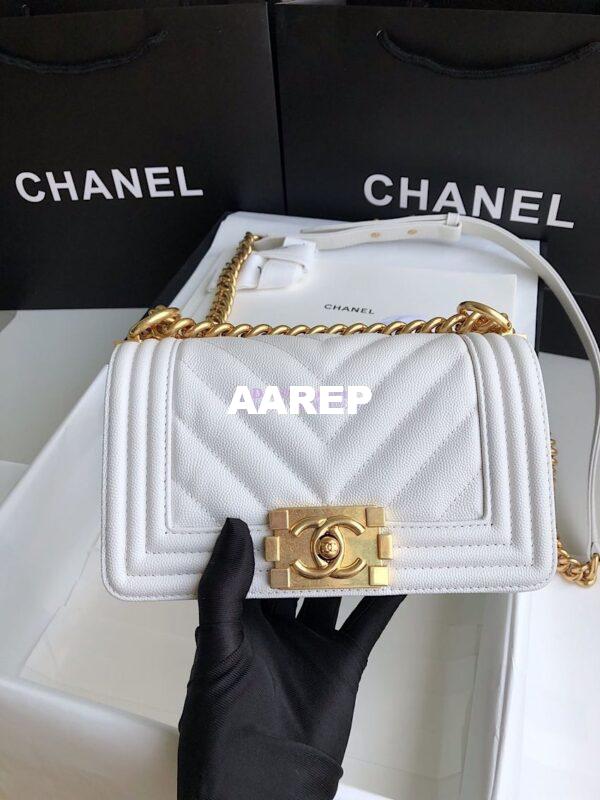 Replica Chanel Chevron Boy Flap Bag in Caviar White 2