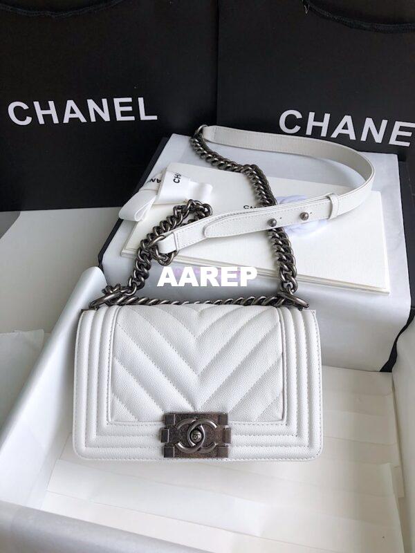 Replica Chanel Chevron Boy Flap Bag in Caviar White 8