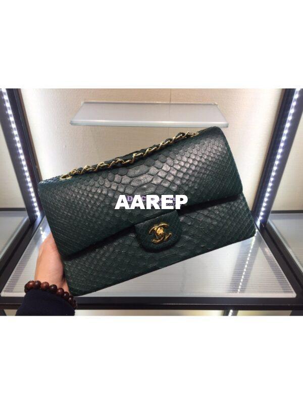 Replica Chanel Python Leather CF Classic Flap Bag Dark Green 13 4