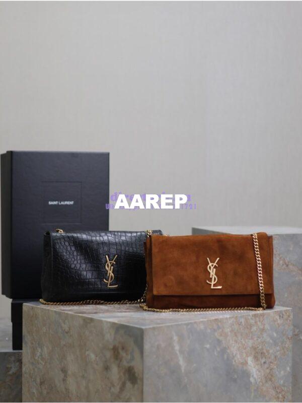 Replica YSL Saint Laurent Reversible Kate Medium In Crocodile-embossed Leather and Suede 553804 Black and Military Taupe 3