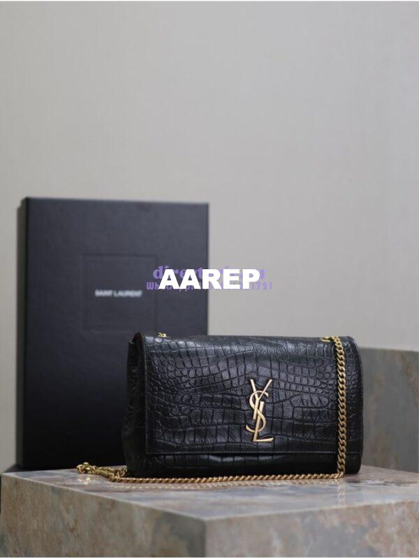 Replica YSL Saint Laurent Reversible Kate Medium In Crocodile-embossed Leather and Suede 553804 Black and Military Taupe 4